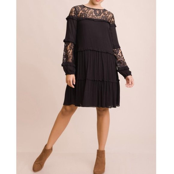 Lace Detail Balloon Sleeve Black Dress - Picture 4 of 6